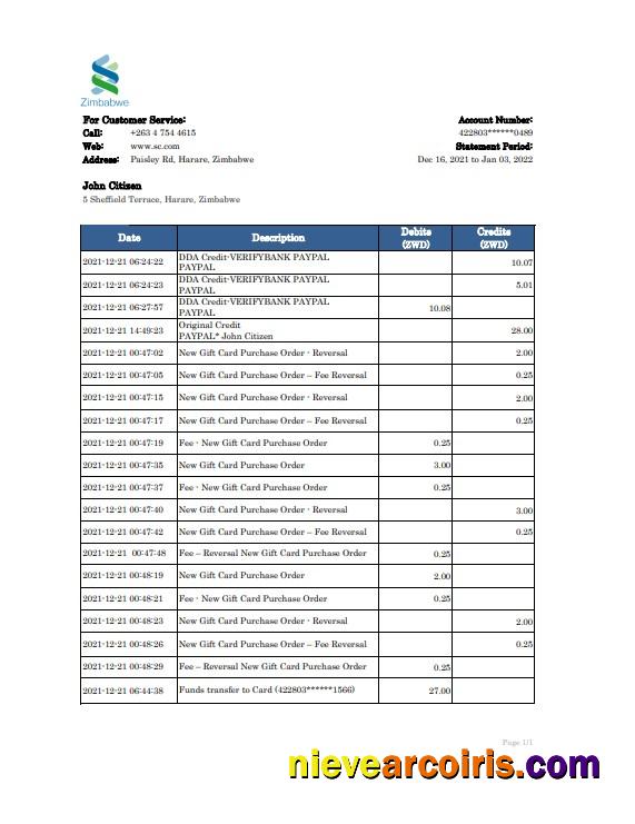 Zimbabwe Standard Chartered bank statement, Excel and PDF